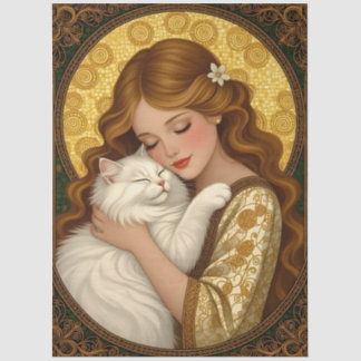 Pretty Girl Hugs Cat Art Nouveau Decoupage Tissue Paper