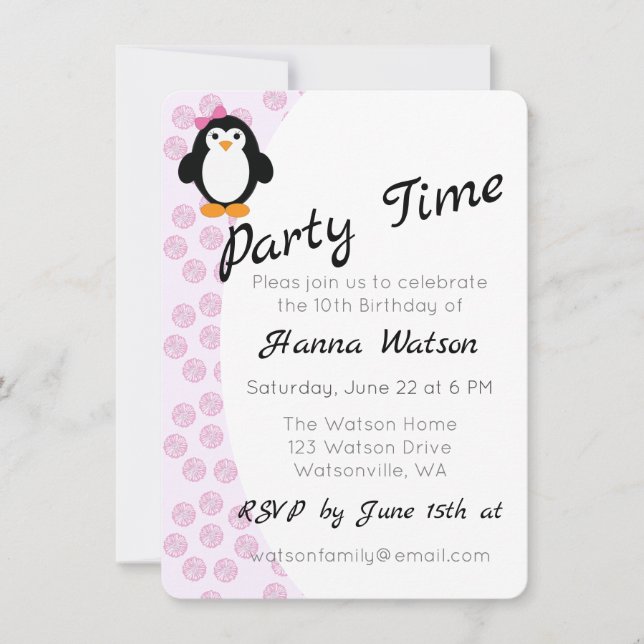 Pretty Girl Penguin  Birthday Party Invitation (Front)