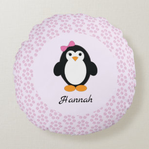 Pretty girl penguin with a pink floral background round cushion