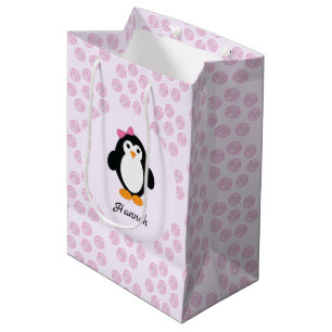 Pretty Girl Penguin with pink dasiy background Medium Gift Bag