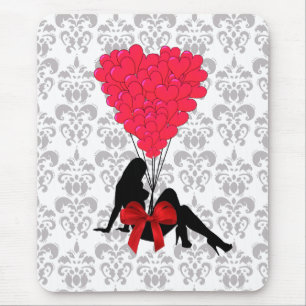 Pretty girl Valentines heart on damask Mouse Pad