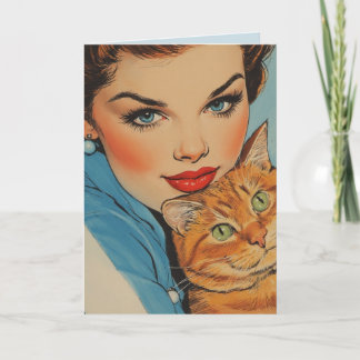 PRETTY GIRL WITH CAT BIRTHDAY RETRO GREETING CARD