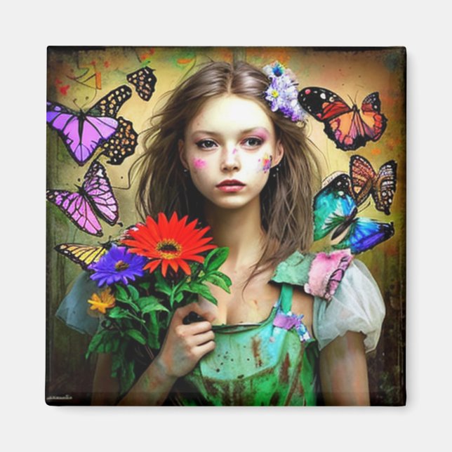 Pretty Girl with Red Flowers and Butterflies Magnet (Front)