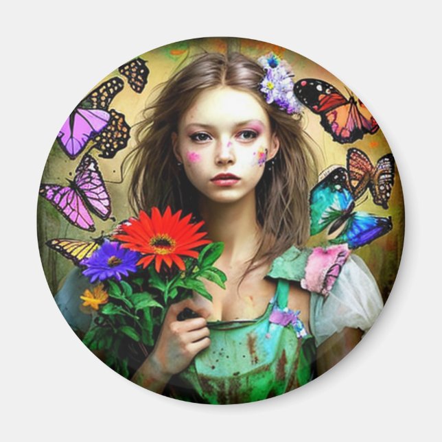 Pretty Girl with Red Flowers and Butterflies Magnet (Front)