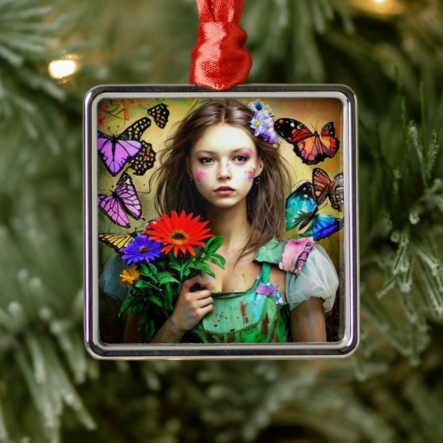 Pretty Girl with Red Flowers and Butterflies Metal Ornament (Tree)