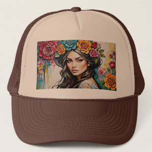 Pretty Girl with Roses and Paint Drips Floral Trucker Hat