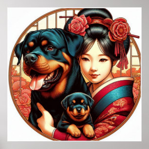 Pretty Girl With Rottweiler Mum & Pup Poster