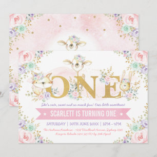 Pretty Girl Woodland Animals 1st Birthday Party Invitation