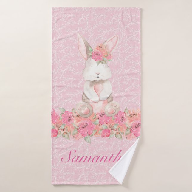 Pretty Girls Pink Floral Woodland Bunny Bath Towel (Bath Towel)