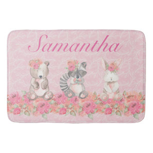 Pretty Girls Pink Floral Woodland Creatures Bath Mat