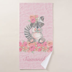 Pretty Girls Pink Floral Woodland Racoon Bath Towel