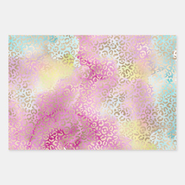 Pretty Girly Aqua Pink Yellow Gold Leopard Print Wrapping Paper Sheet (Front)