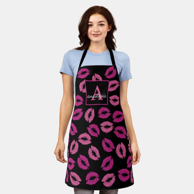 Pretty Girly Black Pink Kisses Lips Monogram Name Apron (Worn)