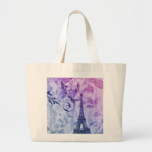 pretty girly chic purple french paris eiffel tower large tote bag