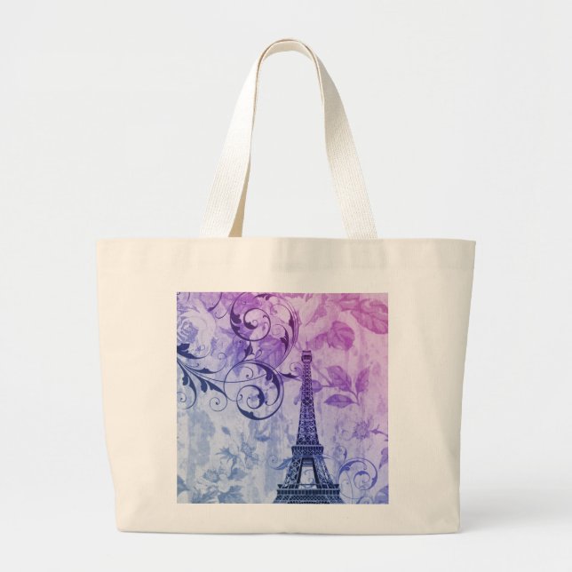 pretty girly chic purple french paris eiffel tower large tote bag (Front)
