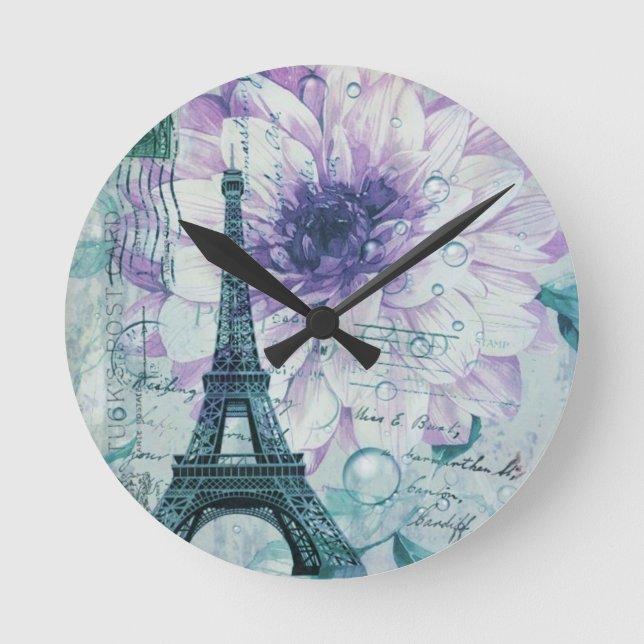 pretty girly chic purple french paris eiffel tower round clock (Front)