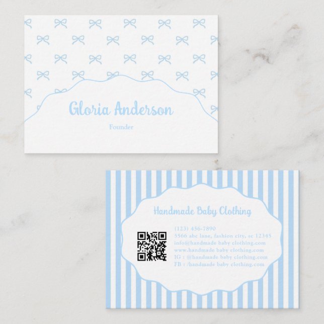 Pretty Girly Feminine Blue Bow Stripe Pattern Business Card (Front/Back)