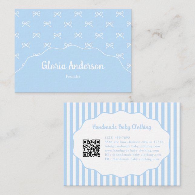 Pretty Girly Feminine Blue White Bow Stripes Business Card (Front/Back)