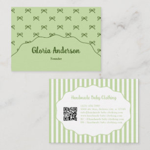 Pretty Girly Feminine Green Bow Stripe Pattern Business Card