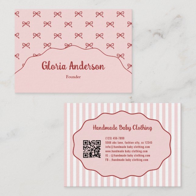 Pretty Girly Feminine Pink Red Bow Stripe Pattern Business Card (Front/Back)
