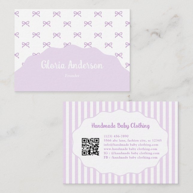 Pretty Girly Feminine Purple White Bow Stripes Business Card (Front/Back)