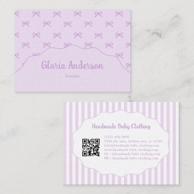 Pretty Girly Feminine Purple White Bow Stripes Business Card (Front/Back)