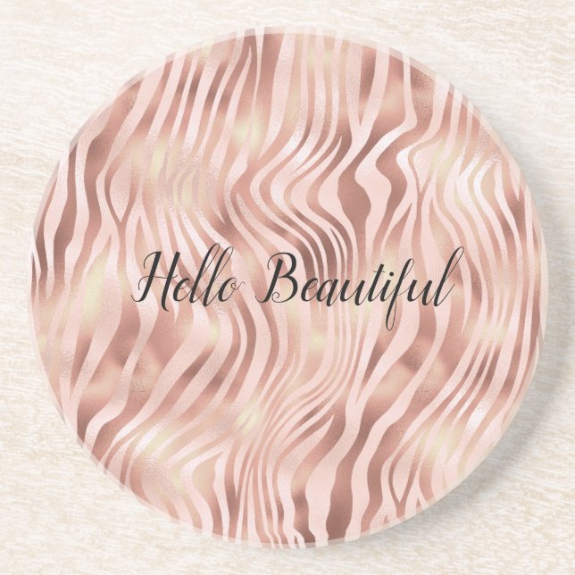 Pretty Girly Glam Pink Peach Rose Zebra Print      Coaster (Front)