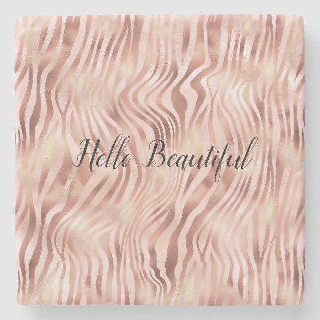 Pretty Girly Glam Pink Peach Rose Zebra Print      Stone Coaster (Front)