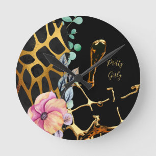 Pretty Girly Glitter Gold Animal Print Named Glam Round Clock