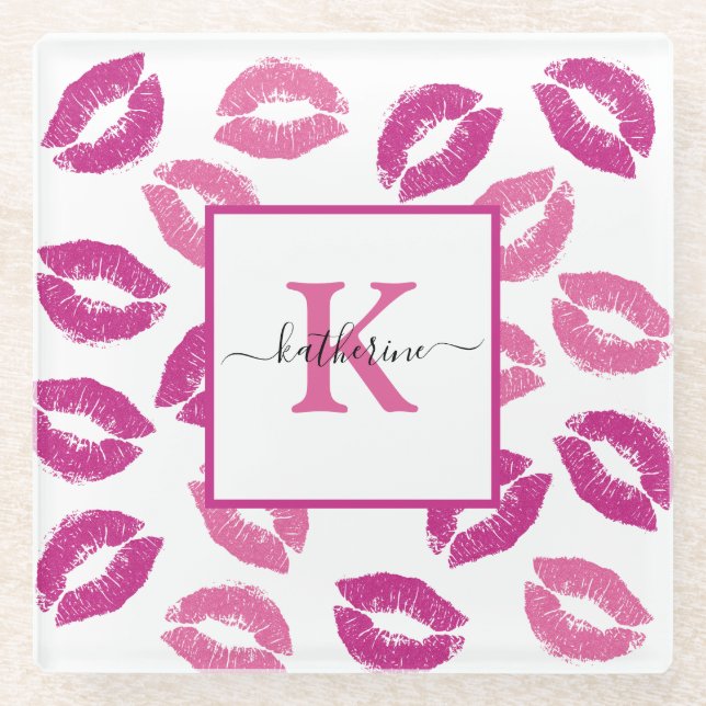 Pretty Girly Hot Pink Lips Kisses Monogram Name Glass Coaster (Front)