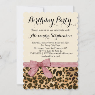 Pretty Girly Leopard Pink Bow Birthday Party Invitation