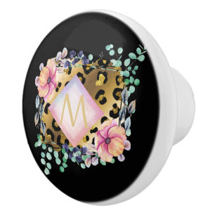 Pretty Girly Leopard Print Gold Pink Monogrammed Ceramic Knob