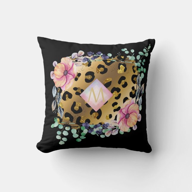 Pretty Girly Leopard Print Gold Pink Monogrammed Cushion (Front)