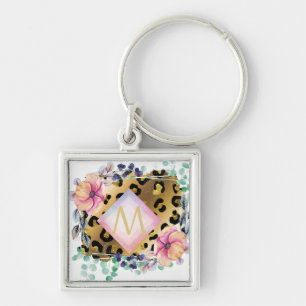 Pretty Girly Leopard Print Gold Pink Monogrammed Key Ring