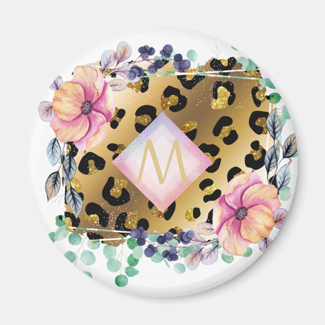 Pretty Girly Leopard Print Gold Pink Monogrammed Magnet (Front)