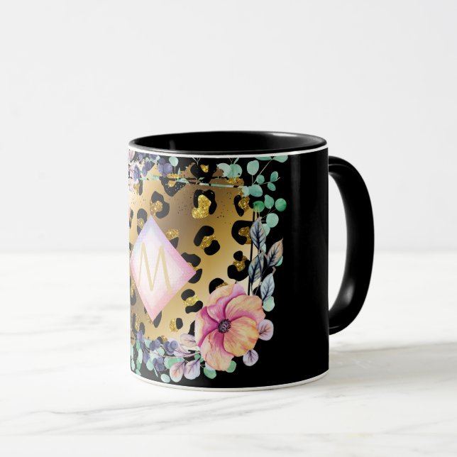 Pretty Girly Leopard Print Gold Pink Monogrammed Mug (Front Right)