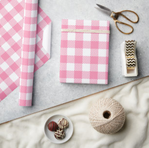 Pretty Girly Pink and White Buffalo Plaid Gingham Wrapping Paper
