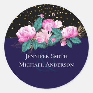 Pretty Girly Pink Black Gold Wedding Classic Round Sticker