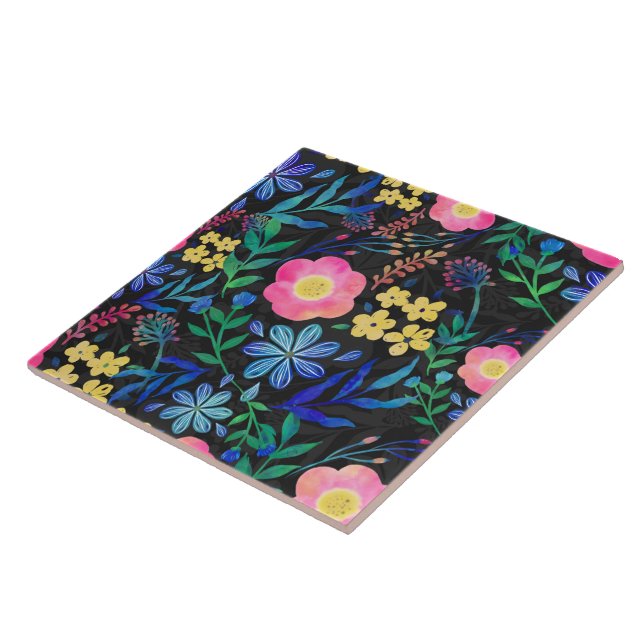 Pretty Girly Pink Blue Floral Grey design Ceramic Tile (Side)