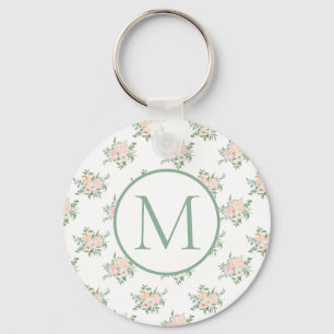 Pretty Girly Pink Floral Monogram  Key Ring