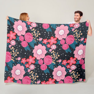 Pretty girly pink Floral Silver Dots Grey design Fleece Blanket