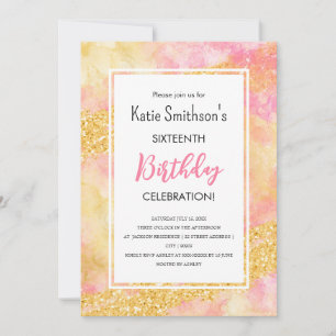 Pretty Girly Pink Gold Glitter Birthday Invitation