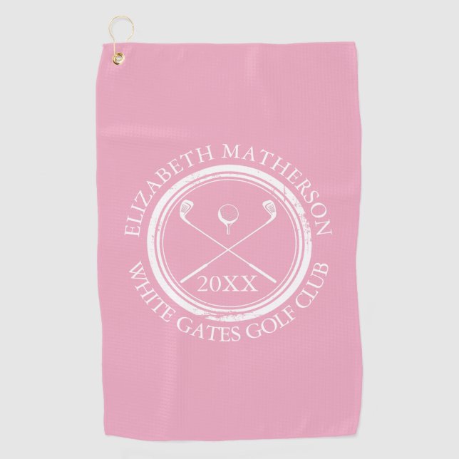 Pretty Girly Pink Golfer's Name Club Name and Date Golf Towel (Front)