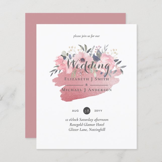 Pretty Girly Rosegold Floral Glam Wedding (Front/Back)