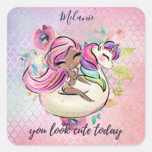 Pretty Girly YOU LOOK CUTE TODAY Unicorn Pink Square Sticker