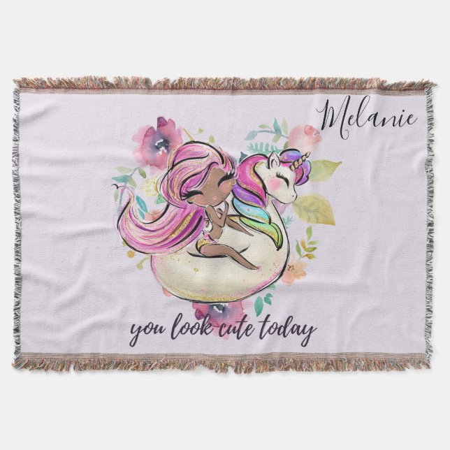Pretty Girly YOU LOOK CUTE TODAY Unicorn Pink Throw Blanket (Front)