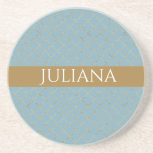 Pretty Glacial Blue Gold Quatrefoil Personalised Coaster