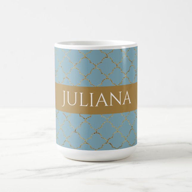 Pretty Glacial Blue Gold Quatrefoil Personalised  Coffee Mug (Center)