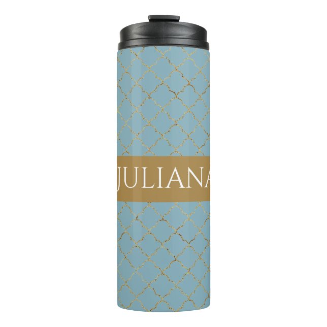 Pretty Glacial Blue Gold Quatrefoil Personalised  Thermal Tumbler (Front)