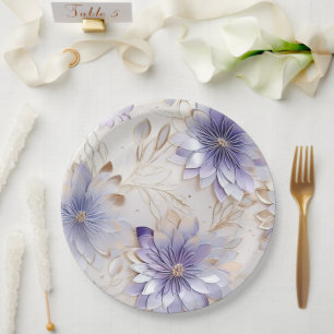 Pretty Glam Gold Purple Pearl White Floral Paper Plate